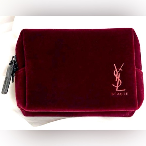 YSL Beaute Burgundy Velvet Makeup + Accessories Zippered Travel Pouch Bag NEW - Picture 2 of 5